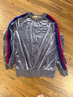 Aviator Nation Gray Velvet Crewneck with Red, Blue & Purple Shoulder Stripes